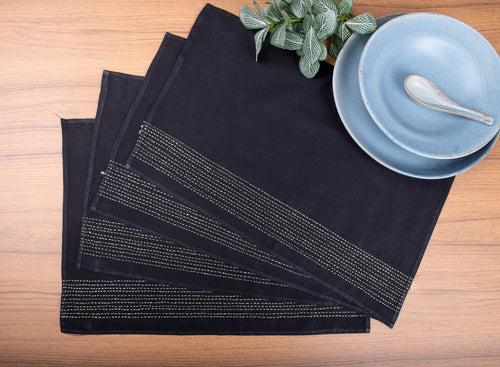 Black Zari Kantha Cotton Table Mats- 4Pack