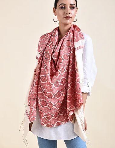 Ivory Red Cotton Eri Silk Stole