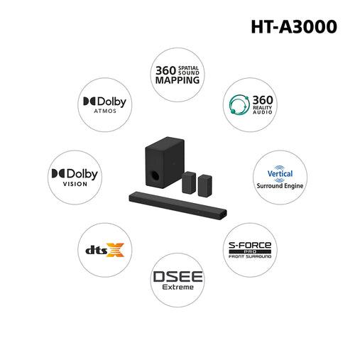 Sony HT-A3000 5.1ch 360 Spatial Sound Mapping SoundbarHome theatre system with Dolby Atmos and wireless Subwoofer SA-SW5 & Rear Speaker SA-RS3S( 650W,Bluetooth,360 RA,HDMI eArc & Optical Connectivity)