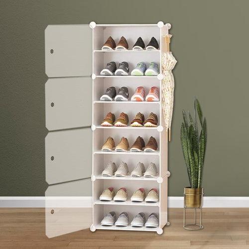 WeCool 8 Layer Shoe Rack for Home accommodating 16 Pairs Shoes,made of Soft PP plastic & Alluminium Frame, Detachable and Fully Adjustable Shoe Rack or Multi Purpose 4 Doors Storage Organiser-White