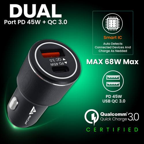 WeCool Smart CH3 68W Metalic Car Charger Fast Charging with Dual Output, Type C PD 3.0 and Qualcomm Certified QC 3.0,Compatible with iPhone, iPad, Tablet, Android Smartphones and Other USB Devices