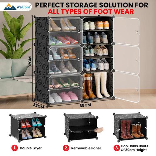 Wecool Portable Shoe Rack for Home With Door, 12-layer Shoe Rack Organizer, Adjustable Plastic Shoe Rack for Home/Bedroom/Hallway, Made of High-density PP & Aluminium Frame for Stability-Black
