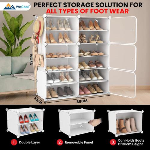 Wecool Portable Shoe Rack for Home With Door, 12-layer Shoe Rack Organizer, Adjustable Plastic Shoe Rack for Home/Bedroom/Hallway, Made of High-density PP & Aluminum Frame for Stability-White