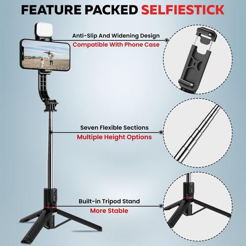 WeCool S6 Selfie Stick with Detachable Light, 6 shades(3 Colors & 2 Tones),7 Section Telescopic Pole upto 113cm/44.5" for Wide Angle Photo Shoot, Reinforced Selfie Stick with Tripod Stand for Vlogging