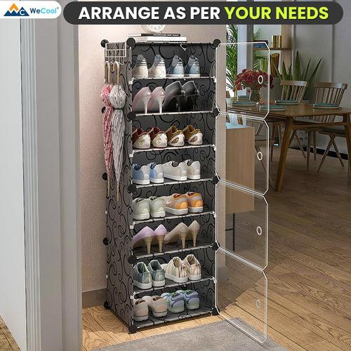 WeCool Portable Shoe Rack for Home With Door, Adjustable Plastic Shoe Rack for Bedroom/Outdoor Waterproof, 8-Layer Shoe Storage Organizer,Made of High-density PP & Aluminum Frame for Stability-Black