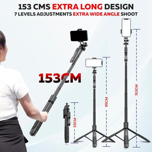 WeCool S5 Long Selfie Stick with Tripod Stand 360 Degree Rotating Balance Grip for Anti Shake Recording, 6 Section Telescopic Pole Extendable Upto 62 Inch for Professional Photos & Video Recordings.