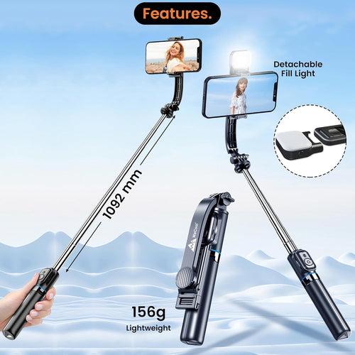 WeCool S4 Selfie Stick with Light in 6 Shades, 3 Colours & 2 Tones with Detachable Mobile Holder, Selfie Stick Extendable upto 71 inc / 180cm, Tripod Stand.