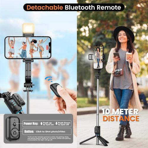 WeCool S4 Selfie Stick with Light in 6 Shades, 3 Colours & 2 Tones with Detachable Mobile Holder, Selfie Stick Extendable upto 71 inc / 180cm, Tripod Stand.