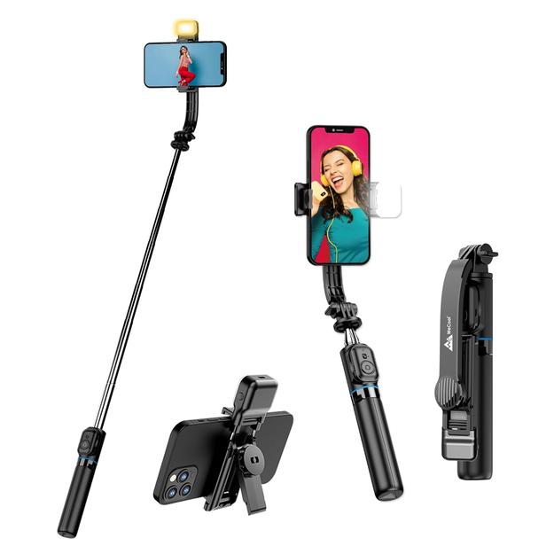 WeCool S4 Selfie Stick with Light in 6 Shades, 3 Colours & 2 Tones with Detachable Mobile Holder, Selfie Stick Extendable upto 71 inc / 180cm, Tripod Stand.