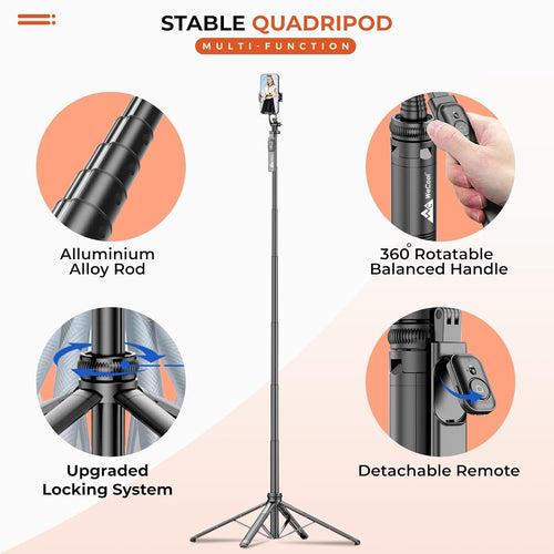 WeCool S7 Selfie Stick with tripod stand, 71 inches Ultra Long with Reinforced Quad Stand, 360° Rotatable Handle with Detachable Bluetooth Remote. Ultimate Stability for Vlogging with Cameras & GoPros