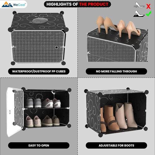 WeCool SR-B10 Upgraded Shoe Rack for Home Plastic with 5 Doors, Portable Shoe Rack with Dustproof Door for Heels/Slippers/Boots, 10-Layer Shoe Storage Cabinet with Hooks for Entryway Bedroom - Black