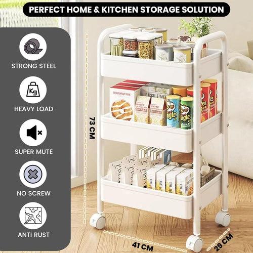 CoolLeaf KT-W3 Kitchen Storage Rack, Steel Kitchen Trolley with Wheels, Hooks and 3-layer Baskets, Vegetable stand for Kitchen Organizer, Onion Potato Baskets for Storage-10kg Loading Per layer, White