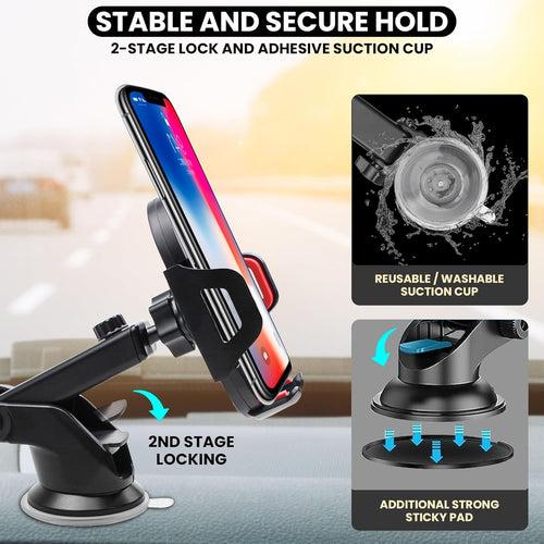 WeCool C3 Fully Adjustable Premium Car Mobile Holder with Quick Release Function, 360 Degree Rotation,Multiple View Angles,Strong Sunction Cup, Windshield & Dashboard Phone Holder for Car