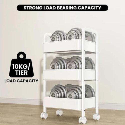 CoolLeaf KT-W3 Kitchen Storage Rack, Steel Kitchen Trolley with Wheels, Hooks and 3-layer Baskets, Vegetable stand for Kitchen Organizer, Onion Potato Baskets for Storage-10kg Loading Per layer, White