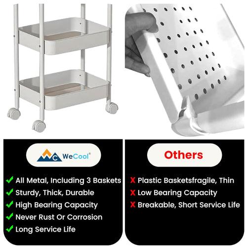 CoolLeaf KT-W3 Kitchen Storage Rack, Steel Kitchen Trolley with Wheels, Hooks and 3-layer Baskets, Vegetable stand for Kitchen Organizer, Onion Potato Baskets for Storage-10kg Loading Per layer, White