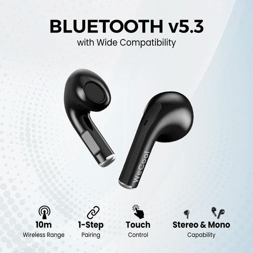 Wecool Moonwalk M3 ENC Earbuds with Bluetooth V 5.3, High Bass For Music Lovers, Touch Control Earpods With HD Stereo Sound, 32 Hours Battery, Digital Display, IPX 5 (Black)