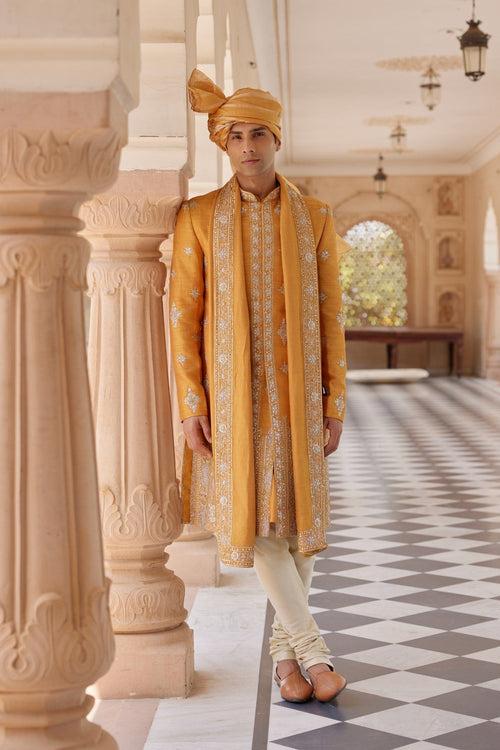 Orange Peel Embroidered Sherwani Set