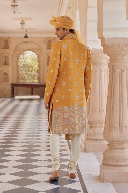 Orange Peel Embroidered Sherwani Set