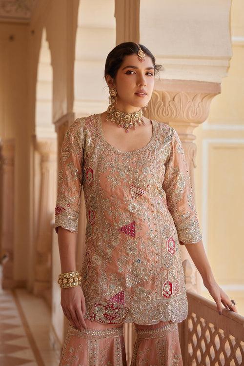 Salmon Peach Embroidered Sharara