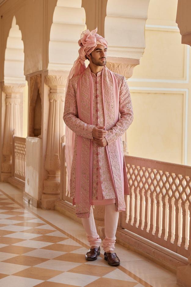 Flamingo Pink Embroidered Sherwani Set