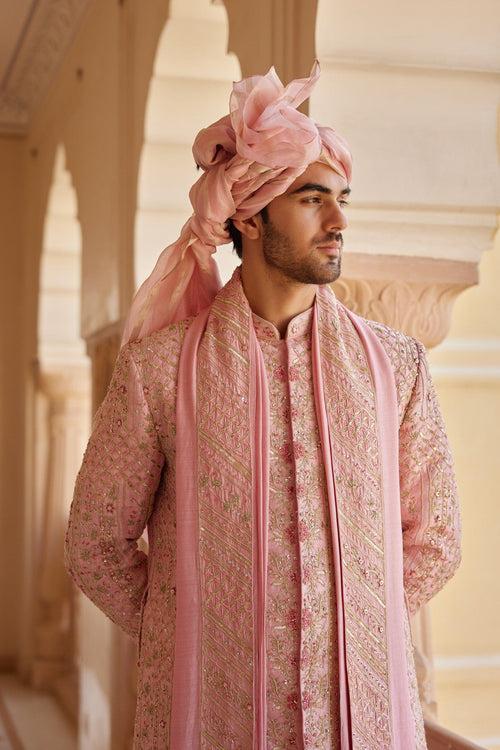 Flamingo Pink Embroidered Sherwani Set