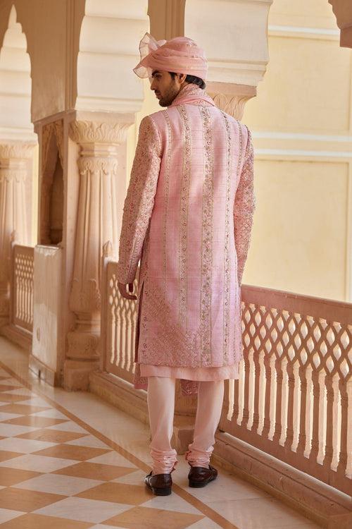 Flamingo Pink Embroidered Sherwani Set