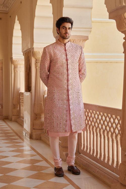 Flamingo Pink Embroidered Sherwani Set