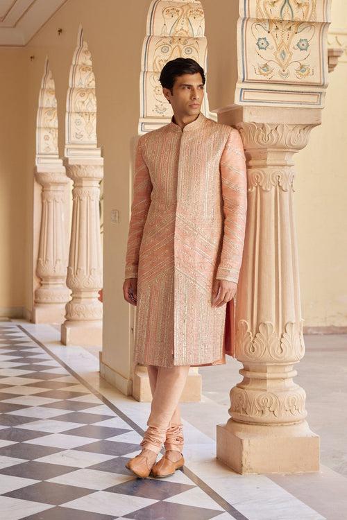 Flamingo Pink Embroidered Sherwani Set