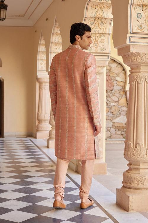 Flamingo Pink Embroidered Sherwani Set