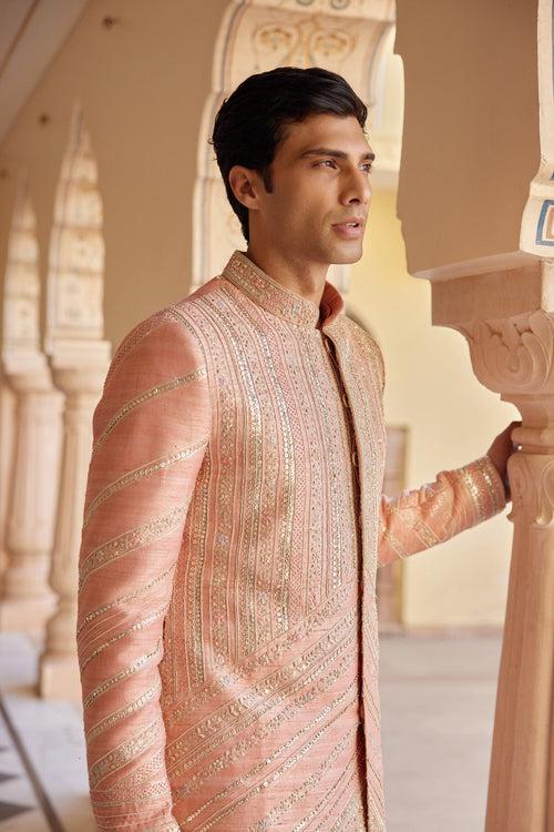 Flamingo Pink Embroidered Sherwani Set