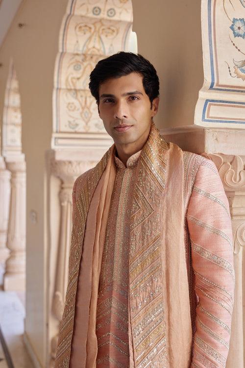 Flamingo Pink Embroidered Sherwani Set