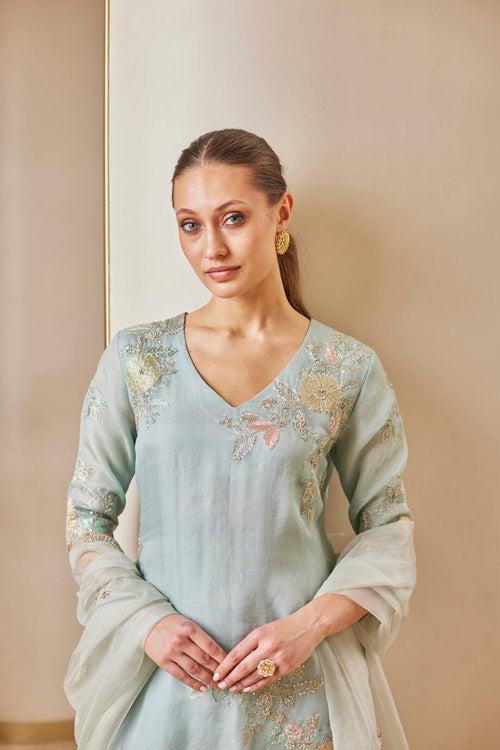 Teal Embroidered Straight Kurta