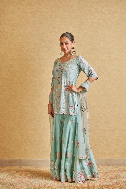 Teal Embroidered Sharara Suit