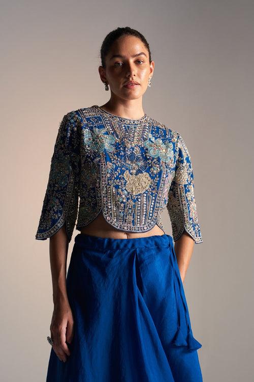 Jade Blue Embroidered Top and Flared Skirt