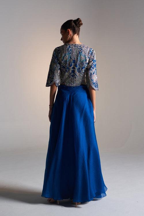 Jade Blue Embroidered Top and Flared Skirt