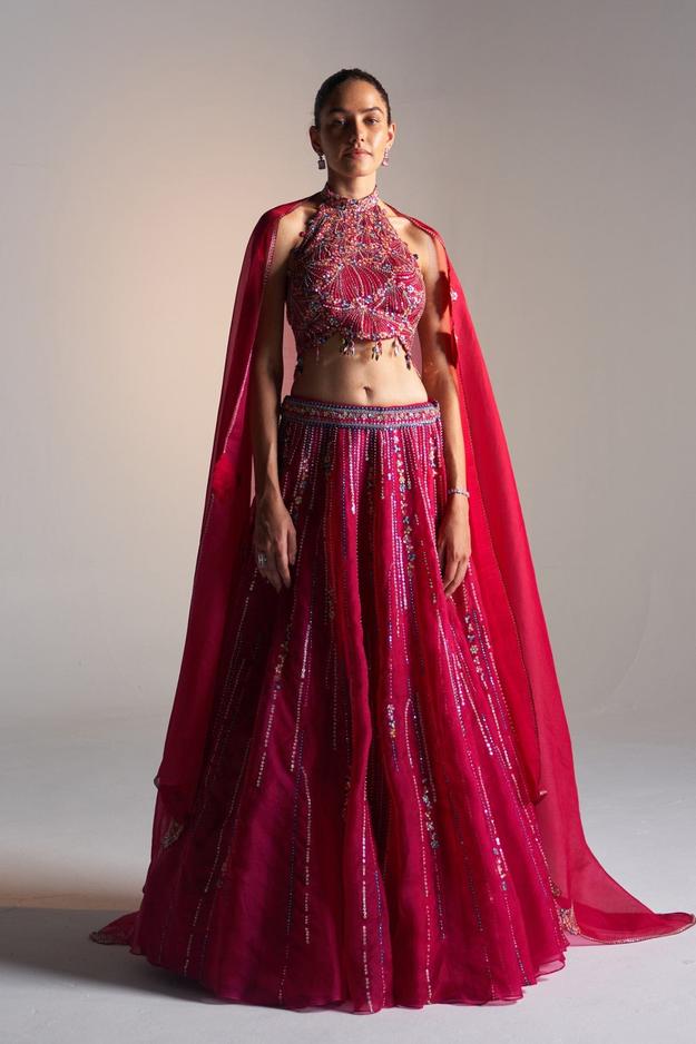 Cut Ruby Embroidered Halter Lehenga Set