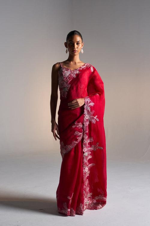 Cut ruby embroidered saree