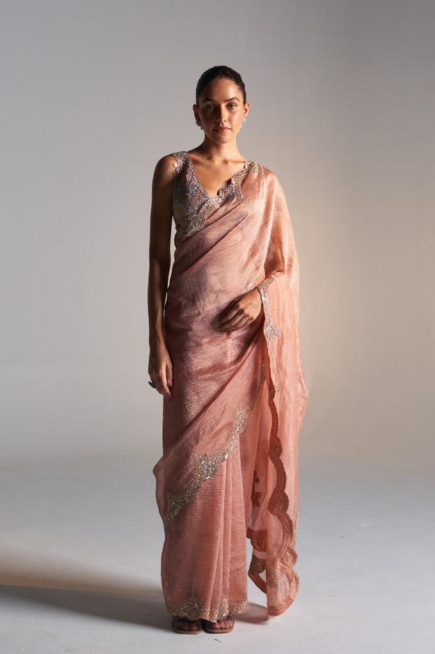 SALMON PEACH TISSUE SAREE