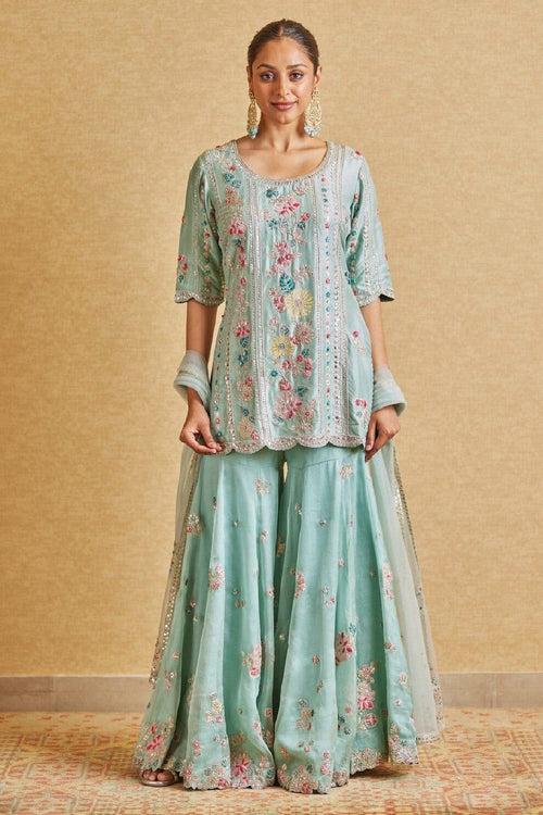 Teal Embroidered Sharara Suit