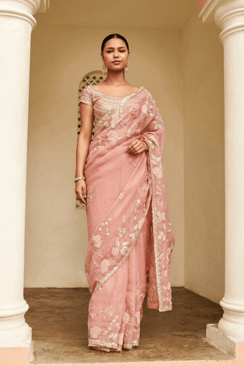 Soft Berry Embroidered Organza Saree