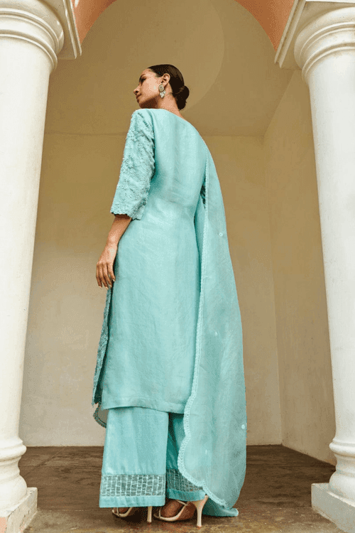 Cadet Blue Embroidered Suit Set