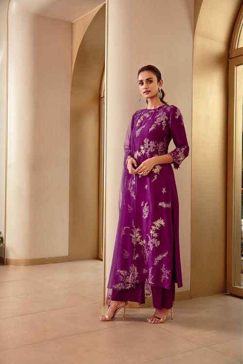 Hand-Embroidered Aubergine Straight Suit