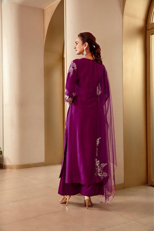 Hand-Embroidered Aubergine Straight Suit