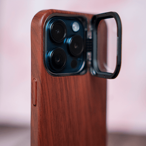 Wooden Finish Textured Case Camera Stent with Kickstand For iPhone 15 Series