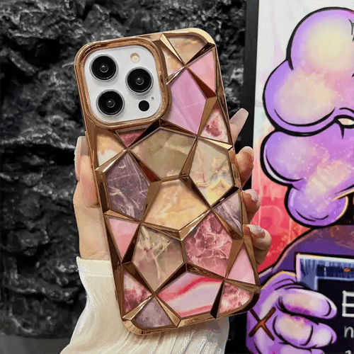 Colorful Plating Border Metal Shell Finish Marble Pattern Case For iPhone 14 and 15 Series