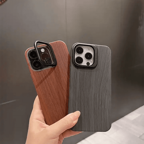 Wooden Finish Textured Case Camera Stent with Kickstand For iPhone 15 Series