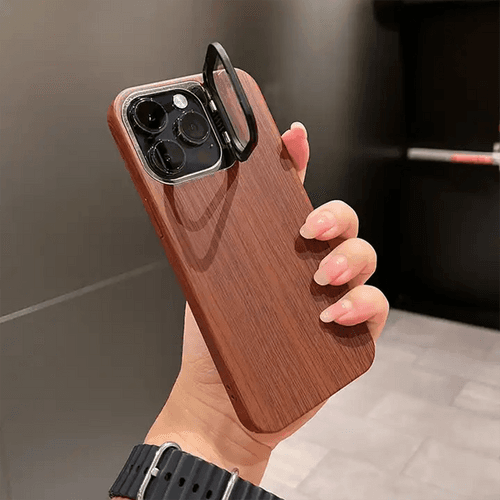 Wooden Finish Textured Case Camera Stent with Kickstand For iPhone 15 Series