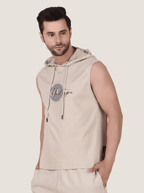 Beige Printed Sleeveless Hoodie