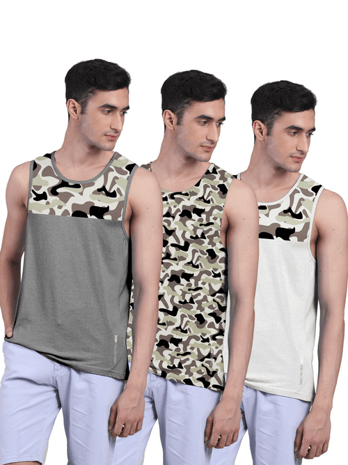 Active Vest For Men's Front Yoke Camouflage Regular Organic Bamboo Vest - Active Fit (Pack of 3)