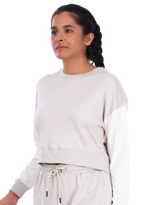 Ecru & White Colourblock Crop Sweatshirt